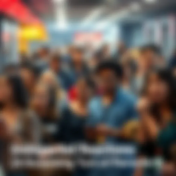 A diverse group of people expressing surprise and confusion in a busy public space, with some discussing and others looking at their phones.