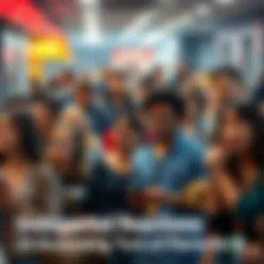 People Reacting to Recent Events A diverse group of people expressing surprise and confusion in a busy public space, with some discussing and others looking at their phones.