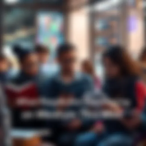 A group of diverse individuals engaged in reading articles on Medium, sharing ideas and insights