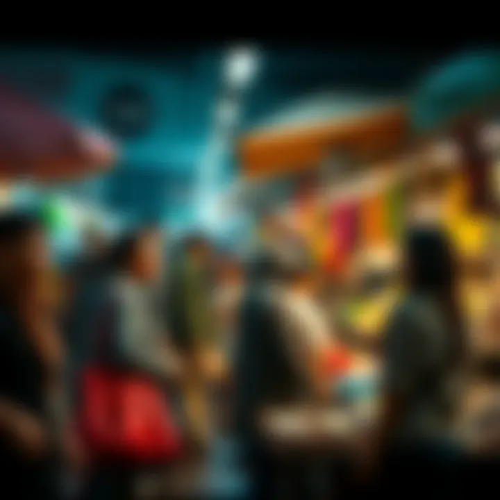 A group of people at a marketplace selling various items at low prices, looking eager to make quick sales.