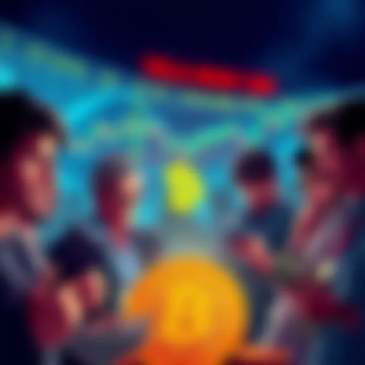 Group of people looking at Bitcoin price charts with expressions of concern, some holding wallets or cash, indicating a selling trend.