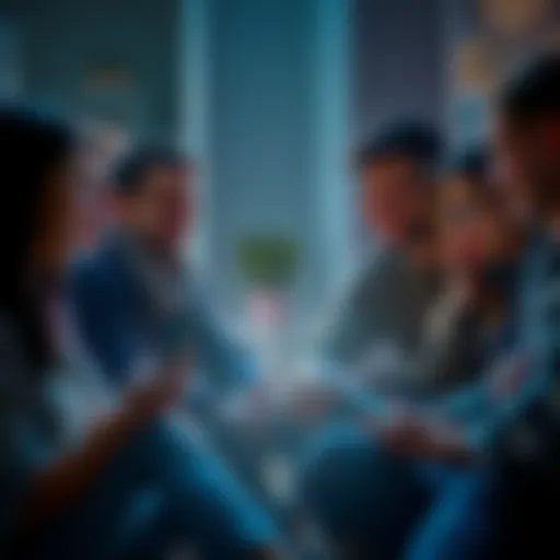 A group of individuals sitting in a circle, openly discussing their personal experiences and emotions, showing a range of expressions from joy to sadness.