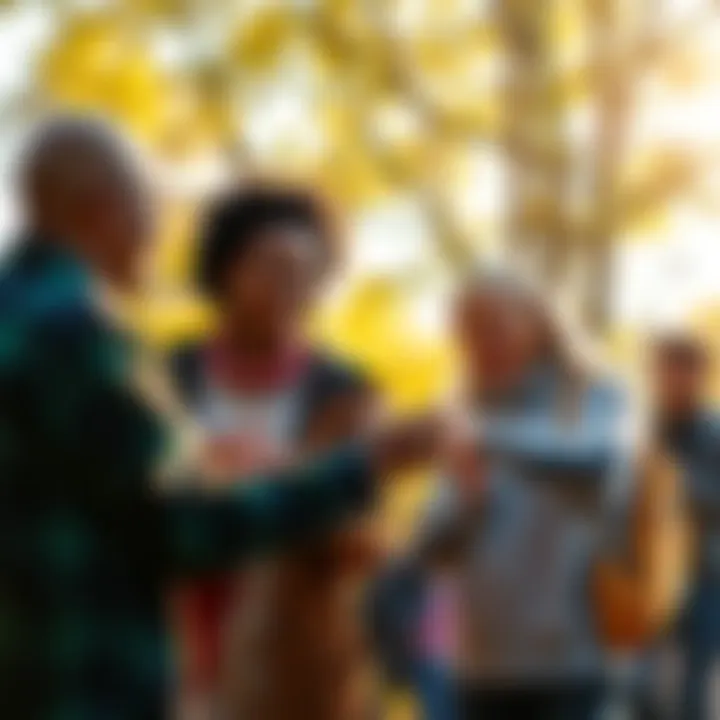 A group of people smiling and helping each other in a sunny park, spreading kindness and positivity