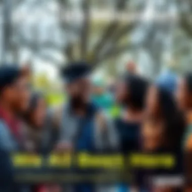 A diverse group of people smiling and talking together in a park, highlighting shared life experiences.
