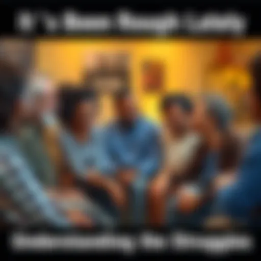 A group of diverse people sitting in a circle discussing their daily challenges, expressing emotions like concern and support for each other.