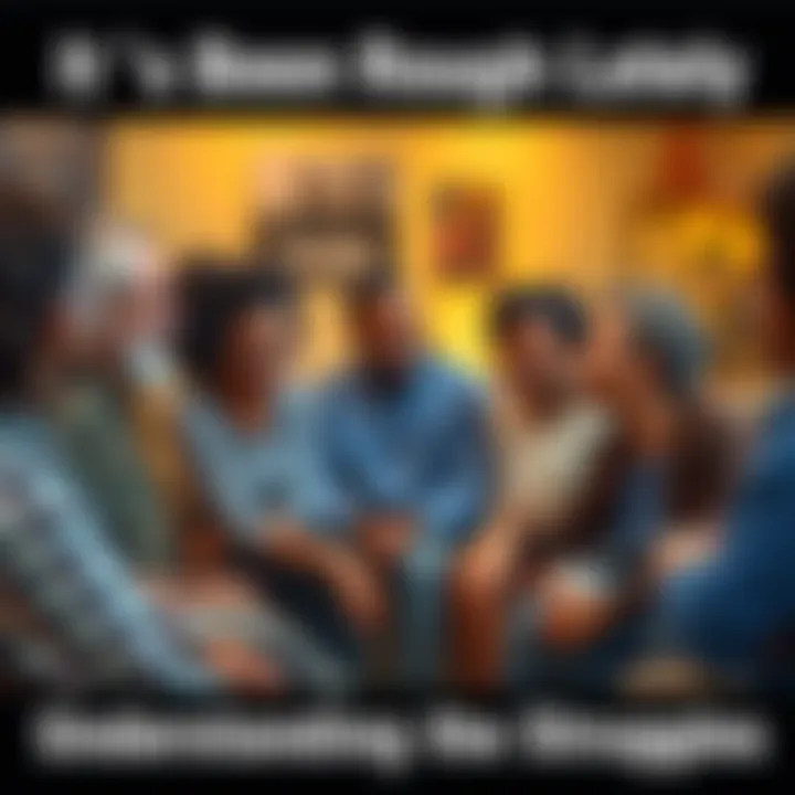 People Sharing Their Struggles A group of diverse people sitting in a circle discussing their daily challenges, expressing emotions like concern and support for each other.