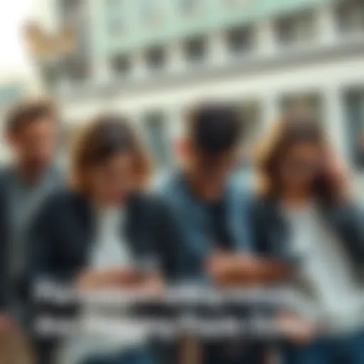 A group of people looking worried while checking their phones and discussing market trends outdoors