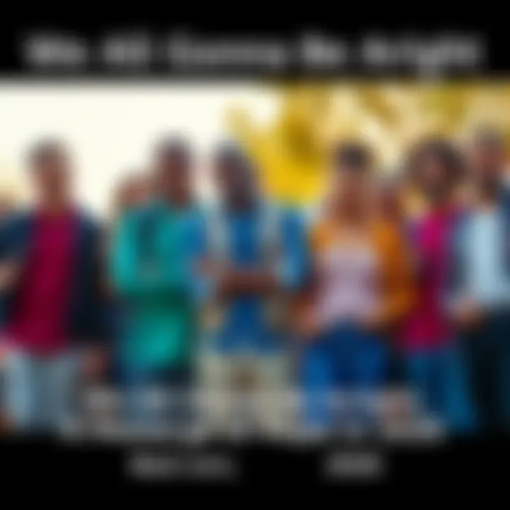 A diverse group of people standing together with smiles, displaying unity and encouragement during tough times, surrounded by a sunny backdrop.