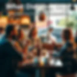 A group of friends laughing and chatting at a table in a coffee shop, discussing everyday expressions and phrases, with coffee cups in front of them.