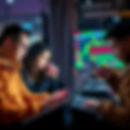 A group of people discussing cryptocurrency trading while using laptops and smartphones, showing frustration over platform bans.