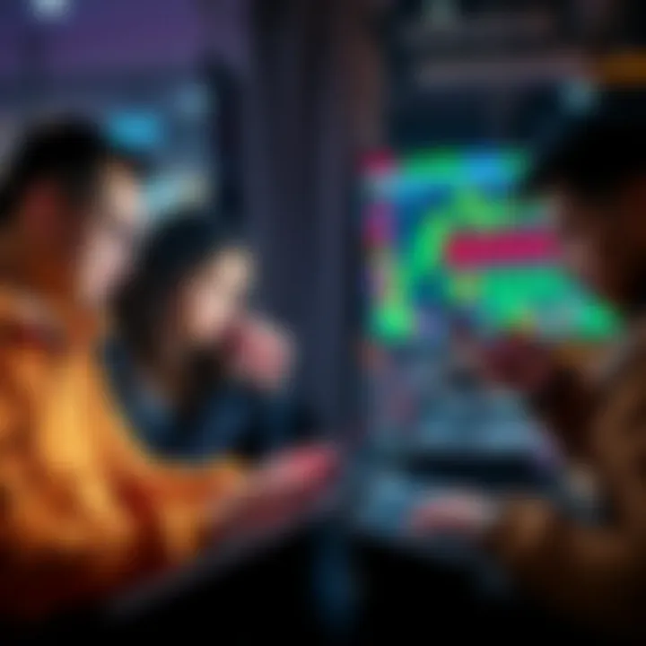 A group of people discussing cryptocurrency trading while using laptops and smartphones, showing frustration over platform bans.