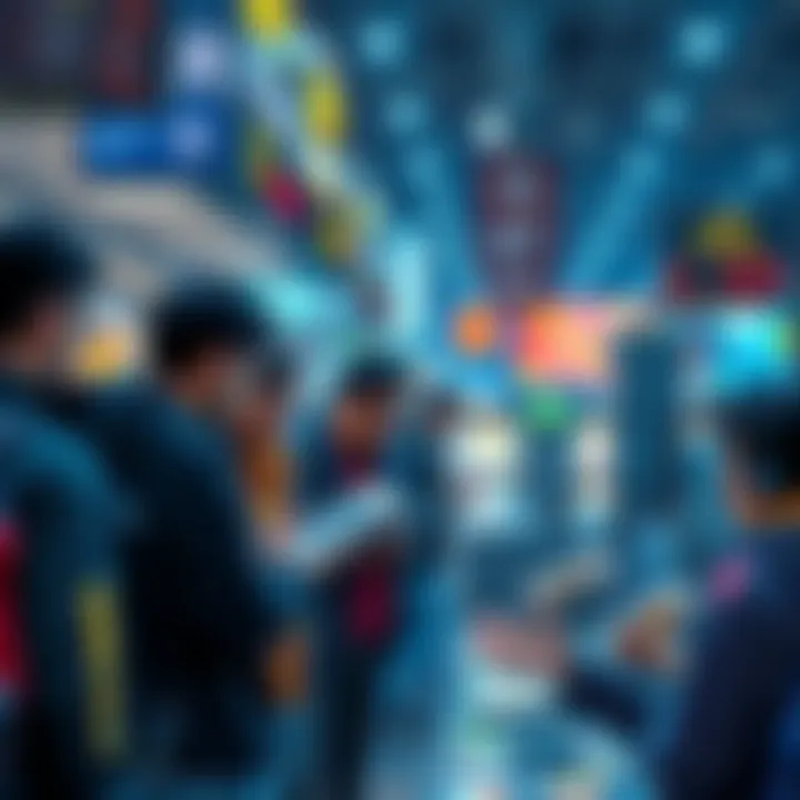 A group of people discussing and trading their NFTs at a digital marketplace