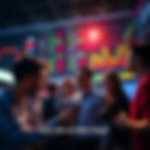 A group of people excitedly discussing stock trades with charts and graphs in the background