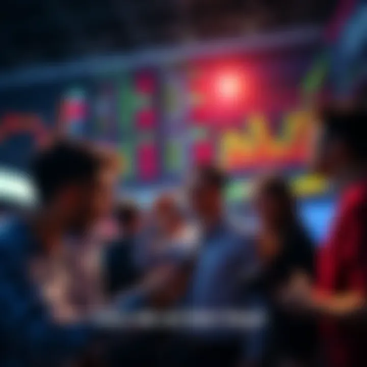 A group of people excitedly discussing stock trades with charts and graphs in the background