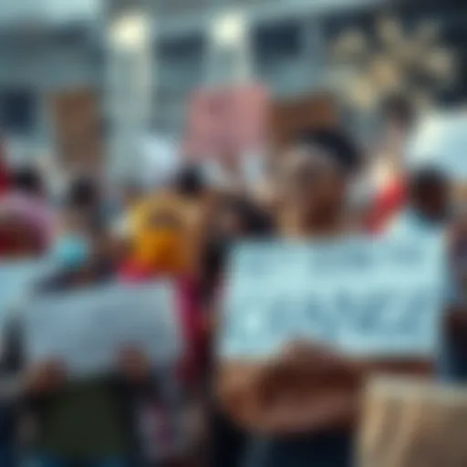 A diverse group of individuals gathered, holding signs and rallying for community improvement, promoting unity and action for change.