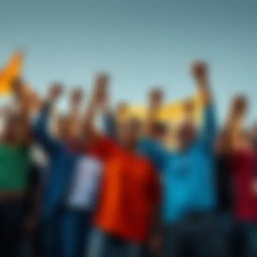A diverse group of people standing together, raising their fists in solidarity against challenges.