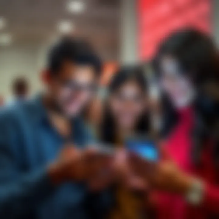 People smiling while looking at their phones, showing satisfaction from an app that provides consistent earnings