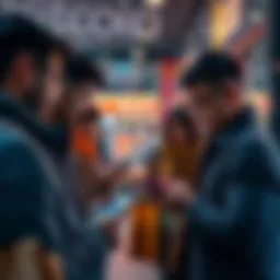 A group of people shopping and paying with Bitcoin on their mobile devices at a store
