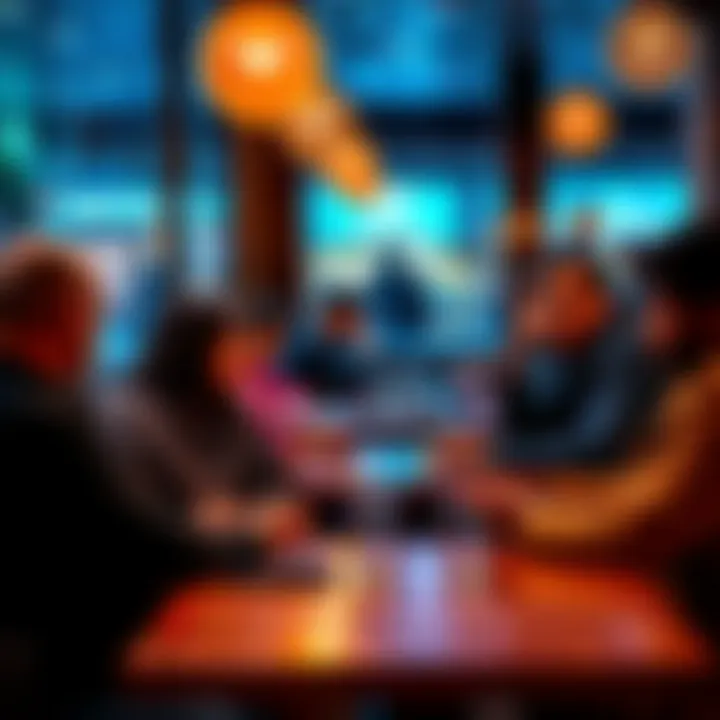 A group of diverse individuals discussing Cardano applications like staking and NFTs at a café.