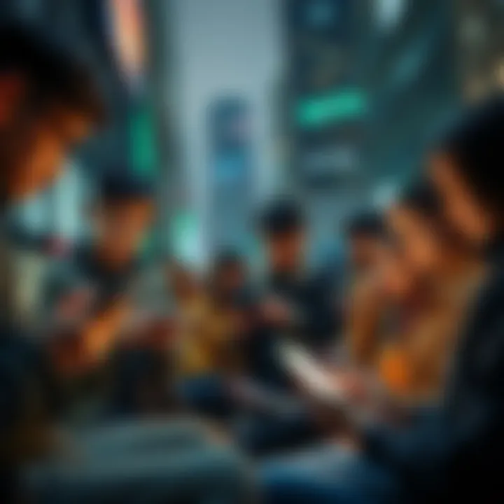 A diverse group of people engaging with cryptocurrencies on mobile devices and laptops in an urban setting.