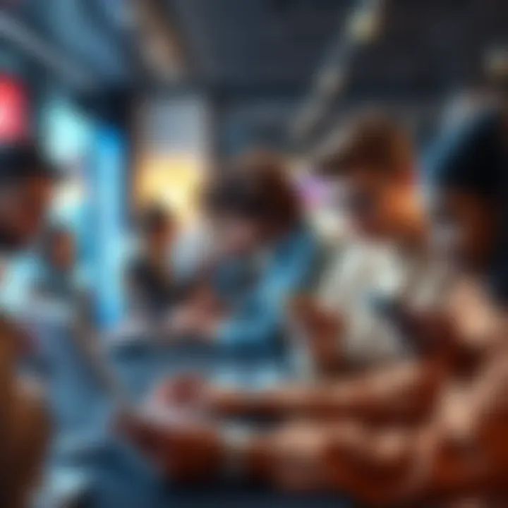 A group of diverse people making purchases online with cryptocurrency on their laptops and smartphones.