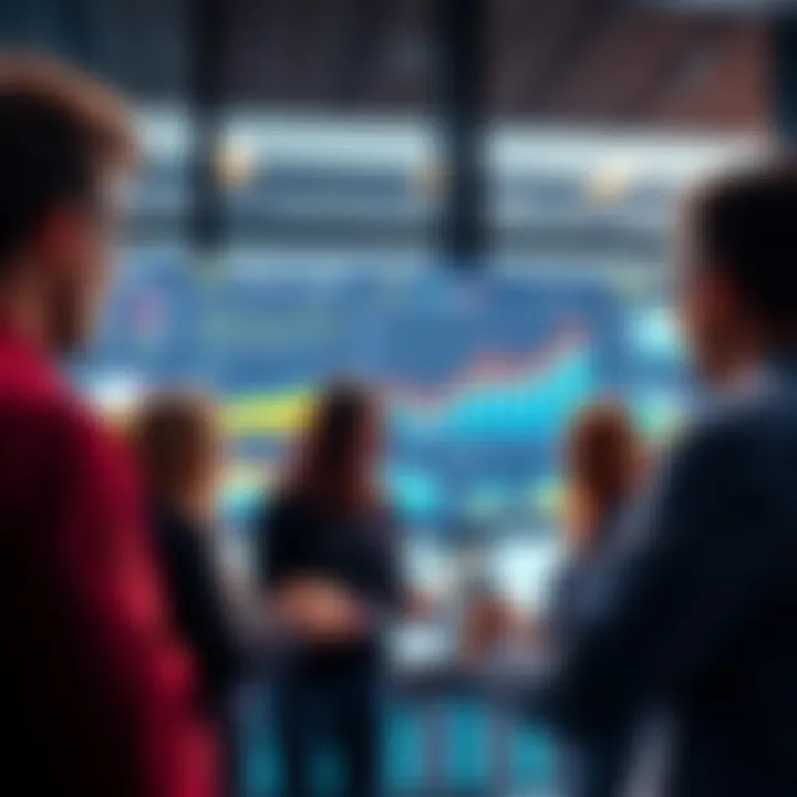 A group of people discussing DeFi protocols for savings, with charts and graphs on a screen in the background.