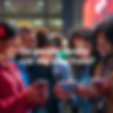 A group of diverse people looking at their phones and tablets, engaging with a live feed feature, with expressions of curiosity and interest.