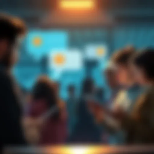 A group of people chatting on their phones with Bitcoin icons appearing in chat bubbles