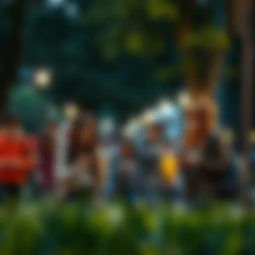 A group of people engaged with various smart devices like phones and tablets in a park setting, illustrating technology in daily life.