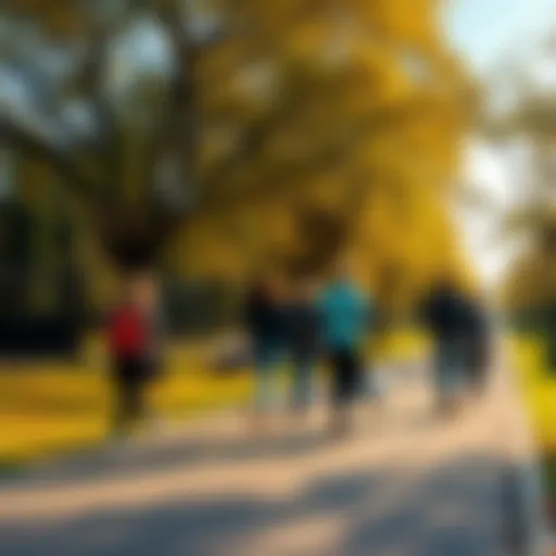 A group of people walking together on a sunny day in a park, encouraging fitness and community engagement.