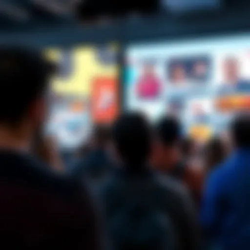 A group of people looking at a large screen displaying ads, showing their mixed reactions of interest and frustration.
