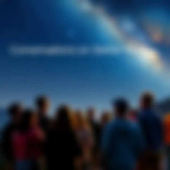 A group of people gathered outdoors, looking up at a clear night sky filled with stars, sharing stories and enjoying each other's company.