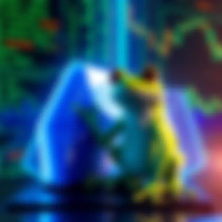 A digital illustration showing Pepe the Frog standing next to a unique Layer 1 blockchain design, with computer code and symbols in the background, symbolizing technology and innovation.