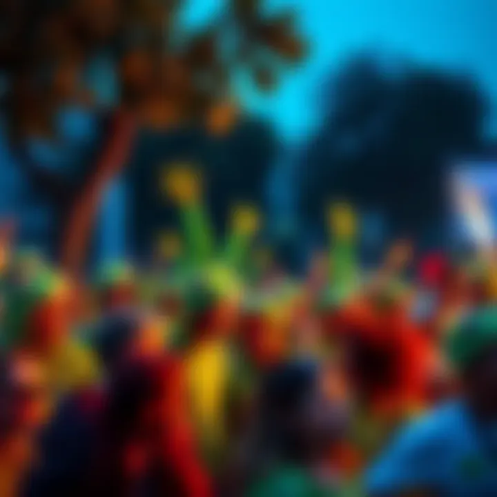 A vibrant community of Pepecoin supporters with frog-themed attire, celebrating their cryptocurrency at an outdoor event.