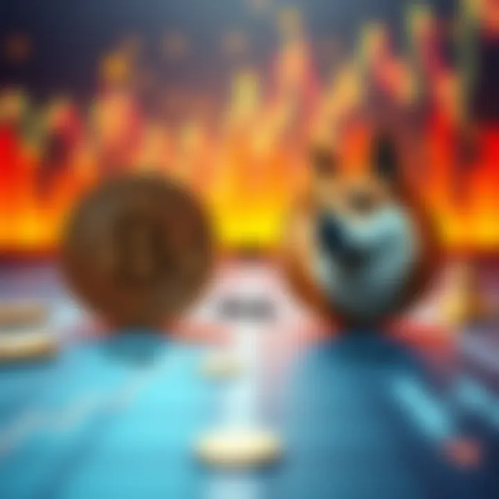 A visual comparison of Pepecoin and Dogecoin market caps with respective values, showing Pepecoin's lower cap alongside Dogecoin's higher cap, illustrated with currency symbols and charts.