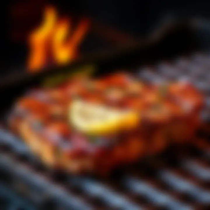Juicy New York steak cooked to perfection on a grilled surface with herbs and spices