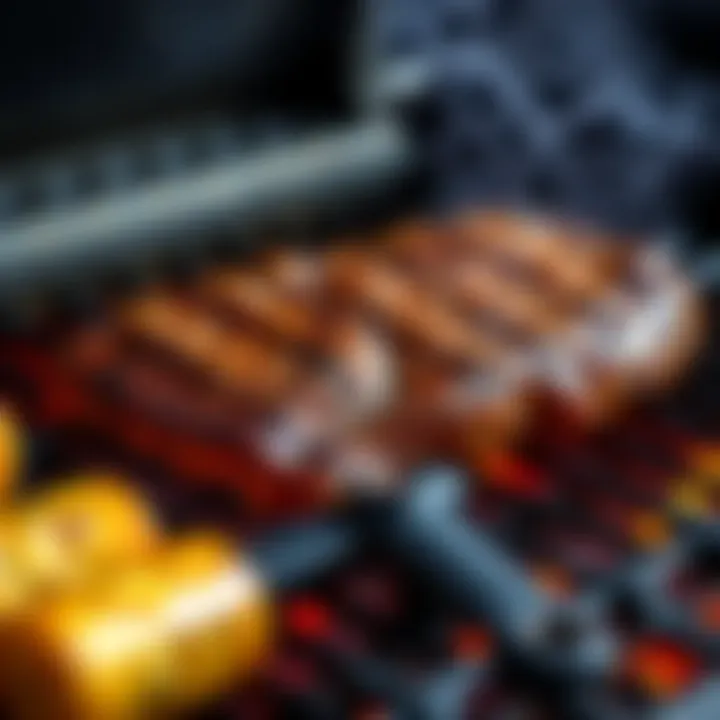 A juicy steak sizzling on a grill, showcasing its beautiful sear and smoky aroma
