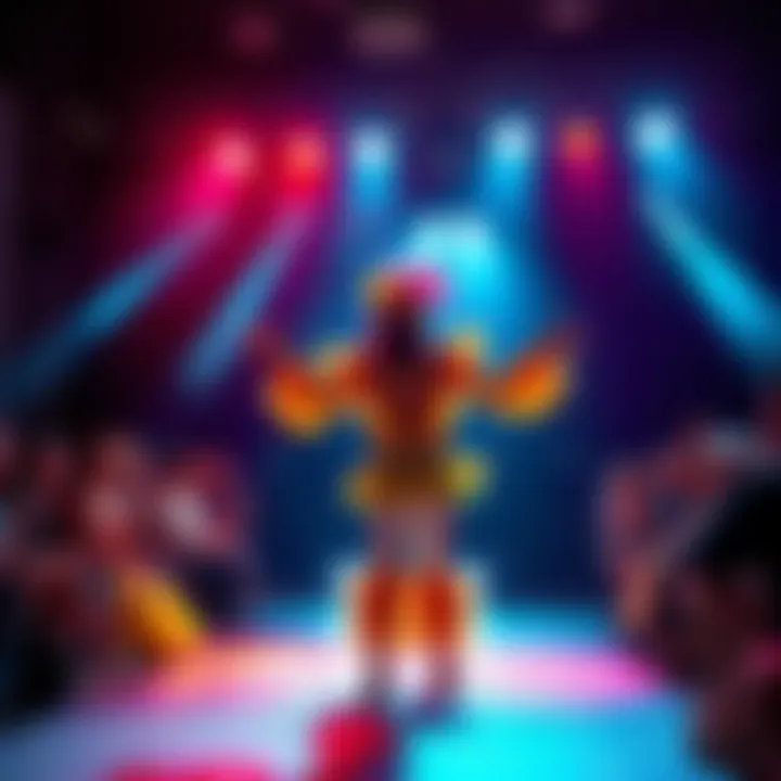 A performer captures an audience's attention on stage during a lively performance art show with expressive movements and colorful costumes.