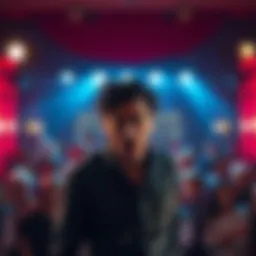 A performer looks shocked and distressed on stage after a sudden mishap, with a surprised audience in the background.