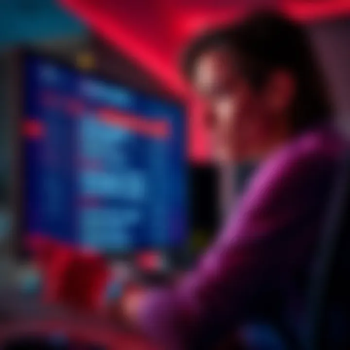 A person reviewing a list of scam alerts on a computer screen, looking concerned about recent fraud attempts.