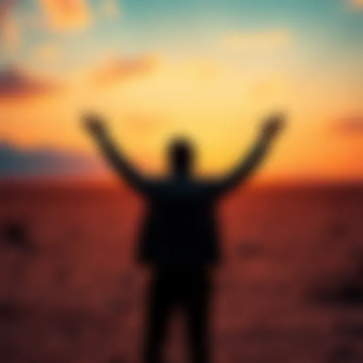 A silhouette of a person with arms raised in a desolate area, symbolizing resilience and hope amidst hardship
