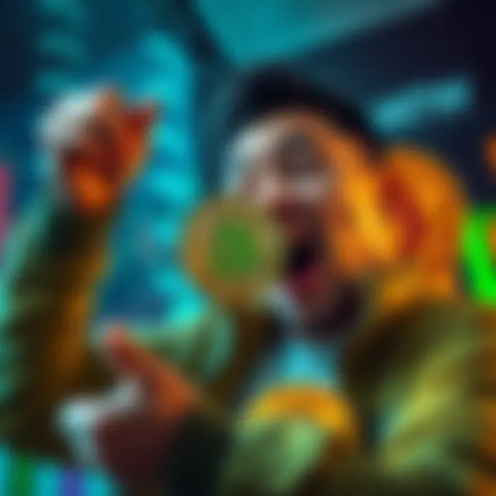 An investor excitedly buys SHIB cryptocurrency, indicating a market low point with Bitcoin in the background