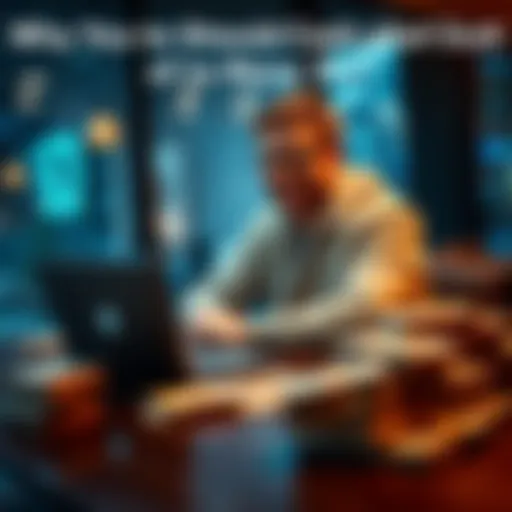 A person sitting at a table, smiling while cashing out their cryptocurrency on a laptop, with stacks of cash beside them