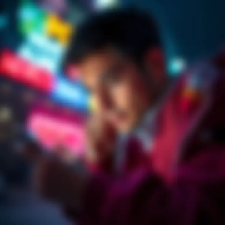 A person looking at a smartphone with breaking news alerts, showing a sense of urgency and curiosity