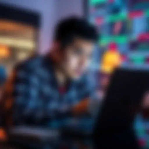 A concerned individual looking at a laptop screen, searching for signs of online scams to protect against fraud