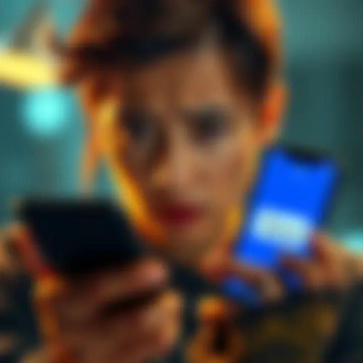 Person looking concerned about bank account A worried person checking their bank account on a smartphone, displaying a negative balance on the screen.