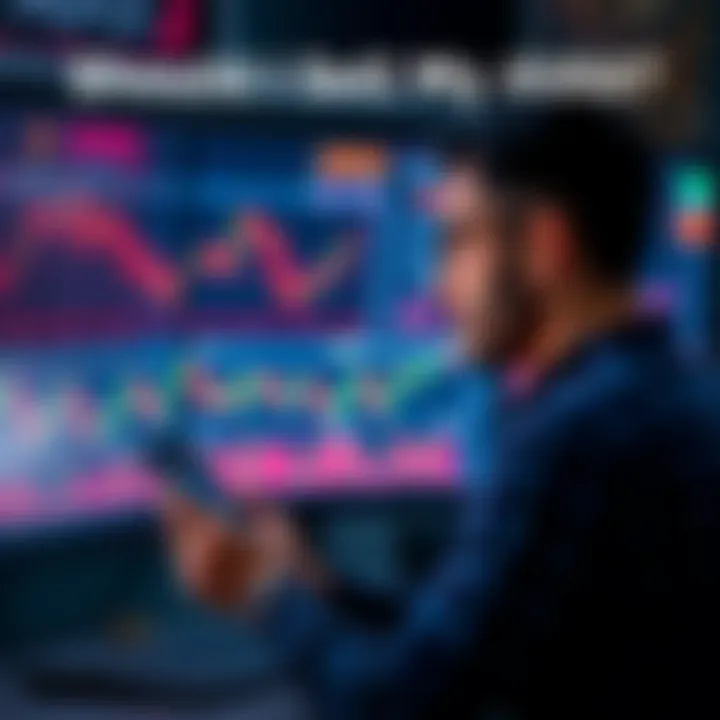 A person looking at a computer screen with AVAX charts and graphs, contemplating selling their crypto holdings while holding a smartphone.