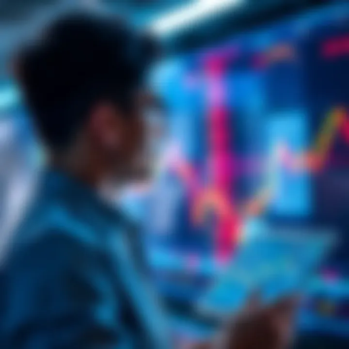 A thoughtful individual looking at cryptocurrency charts and graphs, contemplating selling XRP during a bull run.