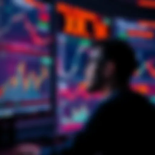 Individual looking at a screen displaying cryptocurrency prices, pondering a sale of XRP while surrounded by charts and graphs.