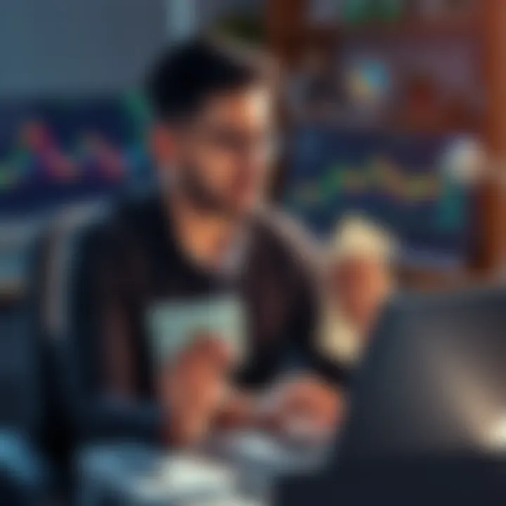 Individual sitting at a desk, looking at cryptocurrency charts on a laptop with a worried expression, holding their last paycheck in hand